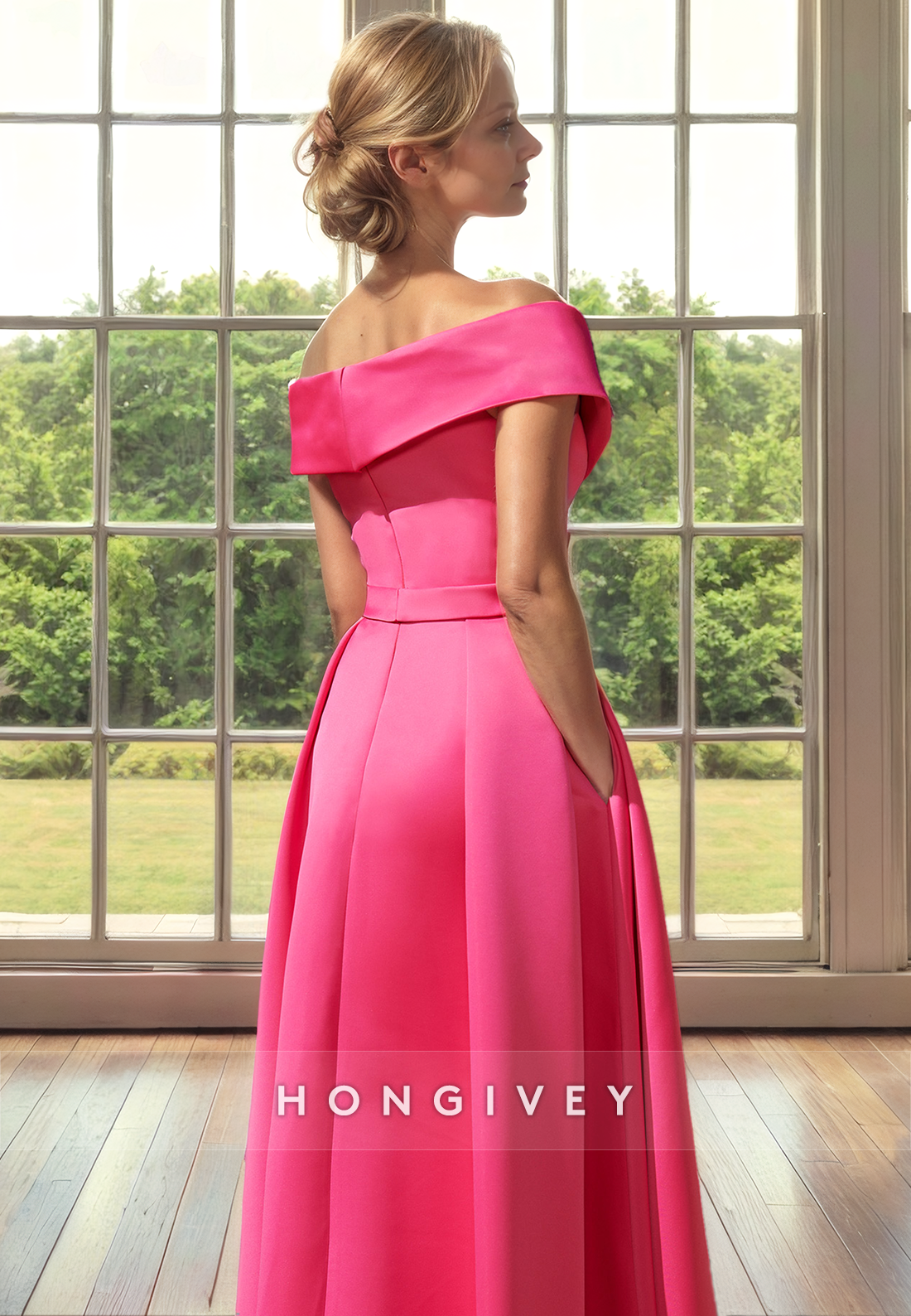 Satin A-Line Off-Shoulder Sleeveless With Side Slit Mother of the Bride Dress