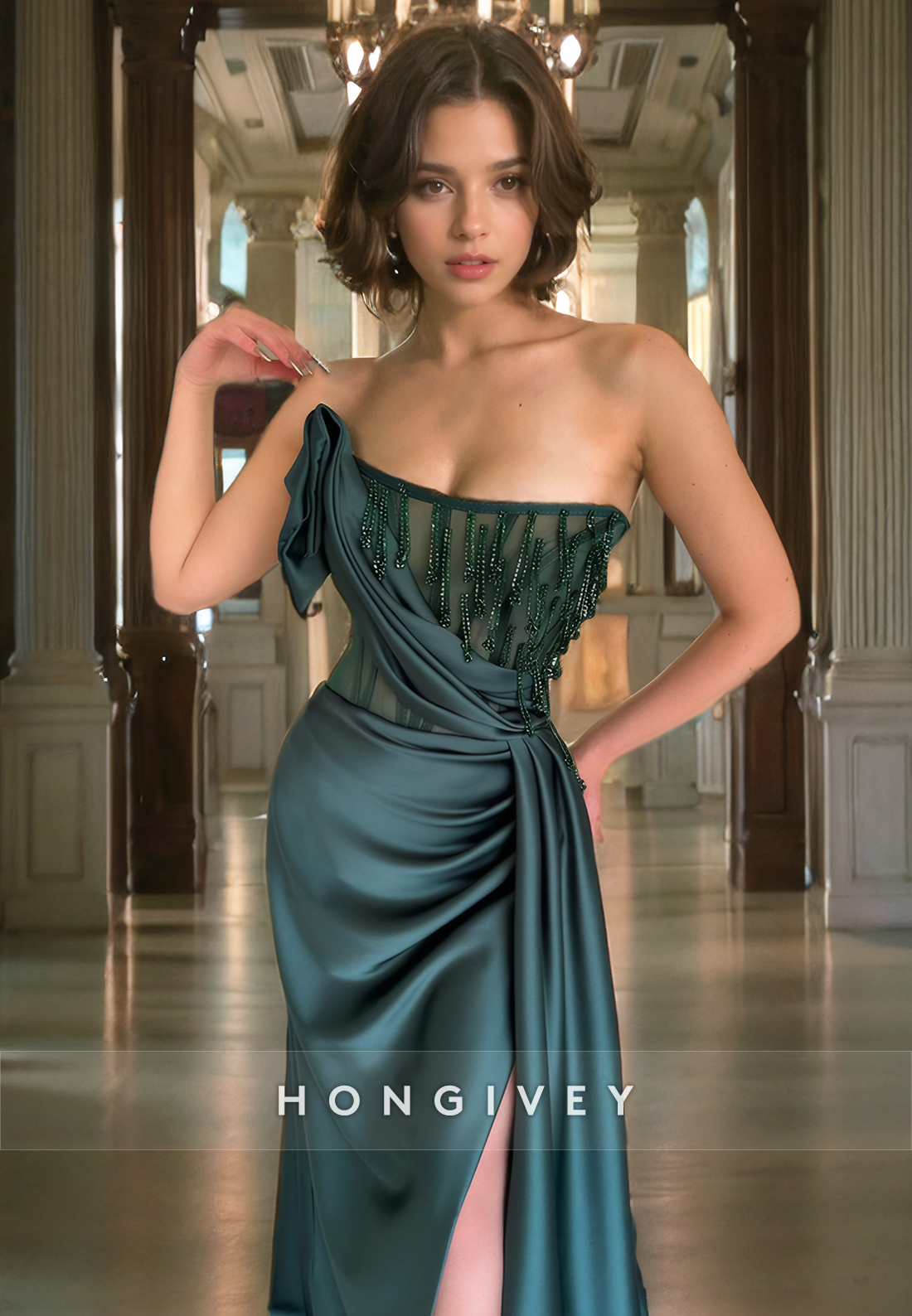 L1092 - Bead-Fringed Strapless Sheer With Train And Slit Evening Party Formal Prom Dress - Fashionpara