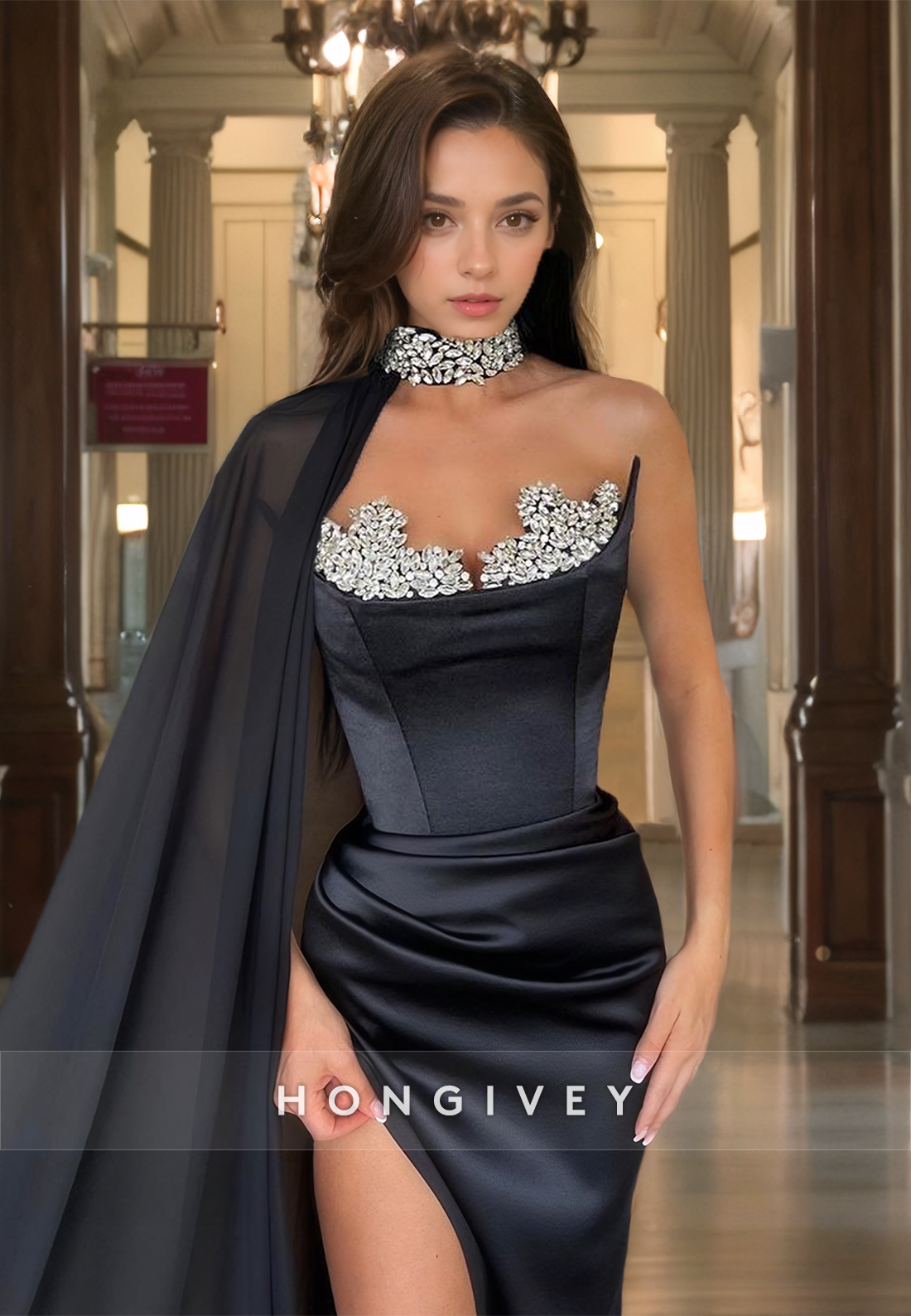 HONGIVEY Elegant Black Beaded Formal Evening Dress with Cape Floor Lenghth Prom Gown - Fashionpara