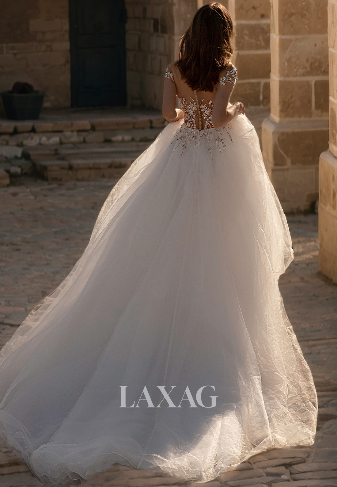 A-Line V-Neck Sleeveless Beaded and Appliques Lace Wedding Dress with Sweep Train Bridal Dress - Fashionpara