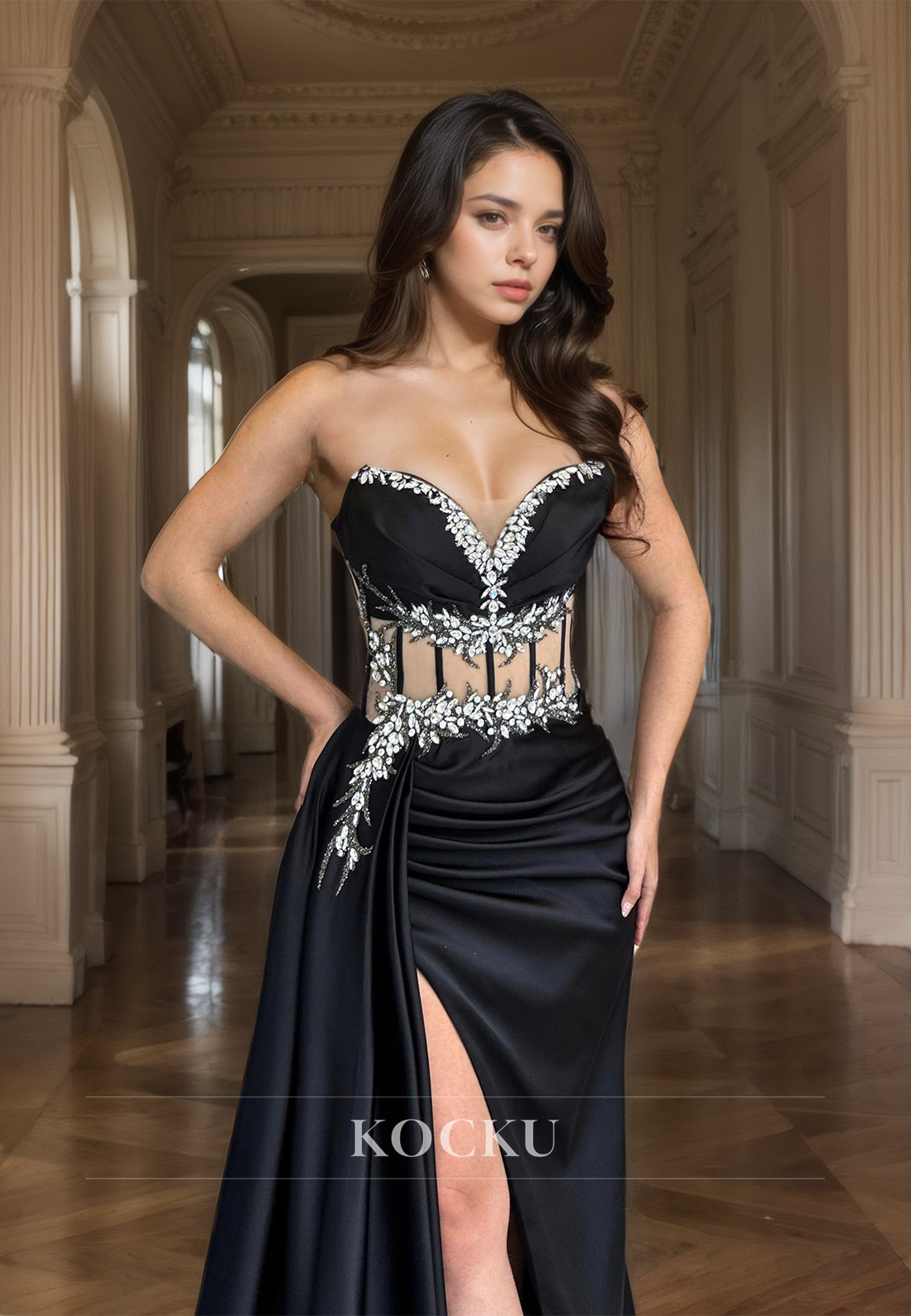 Sweetheart Sleeveless Sheath Prom Dress High Split Sweep Train Pleated Satin Party Dress with Beads
