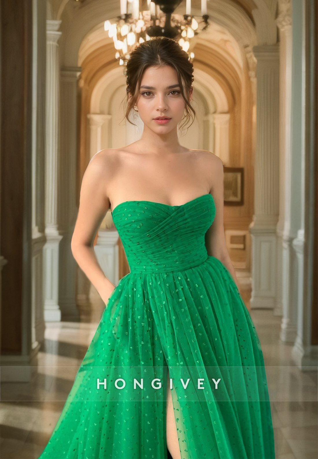 Green Polka Dot Tulle Prom Dress Strapless A-Line Sweetheart Ball Gown