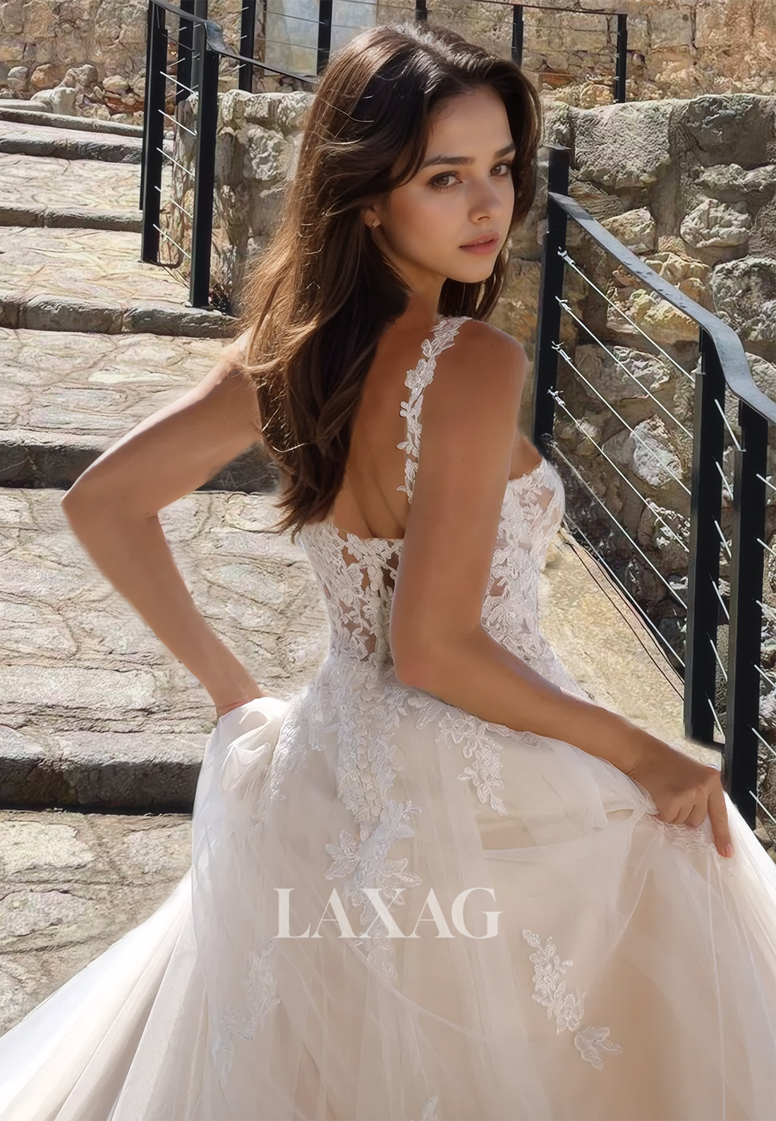 A-Line V-Neck Spaghetti Straps Beach Bridal Dress Lace Appliques Boho Wedding Dress with Sweep Train - Fashionpara