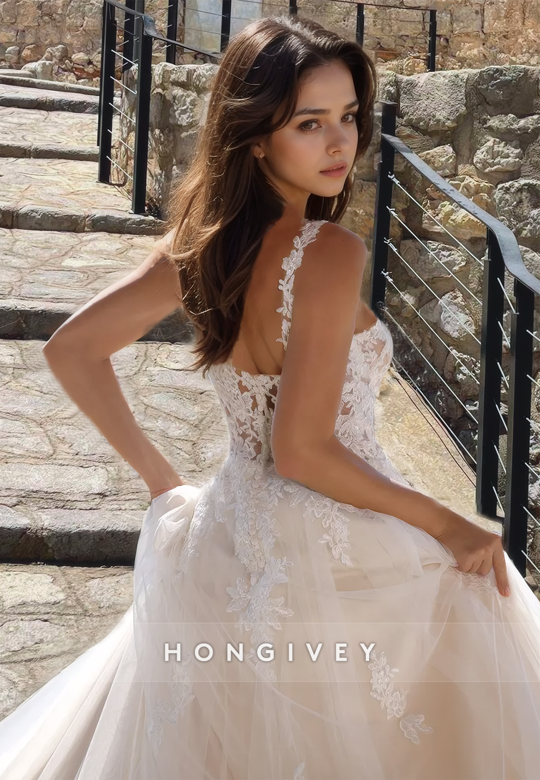 Sexy Tulle A-Line V-Neck Spaghetti Straps Empire Illusion Appliques With Train Wedding Dress