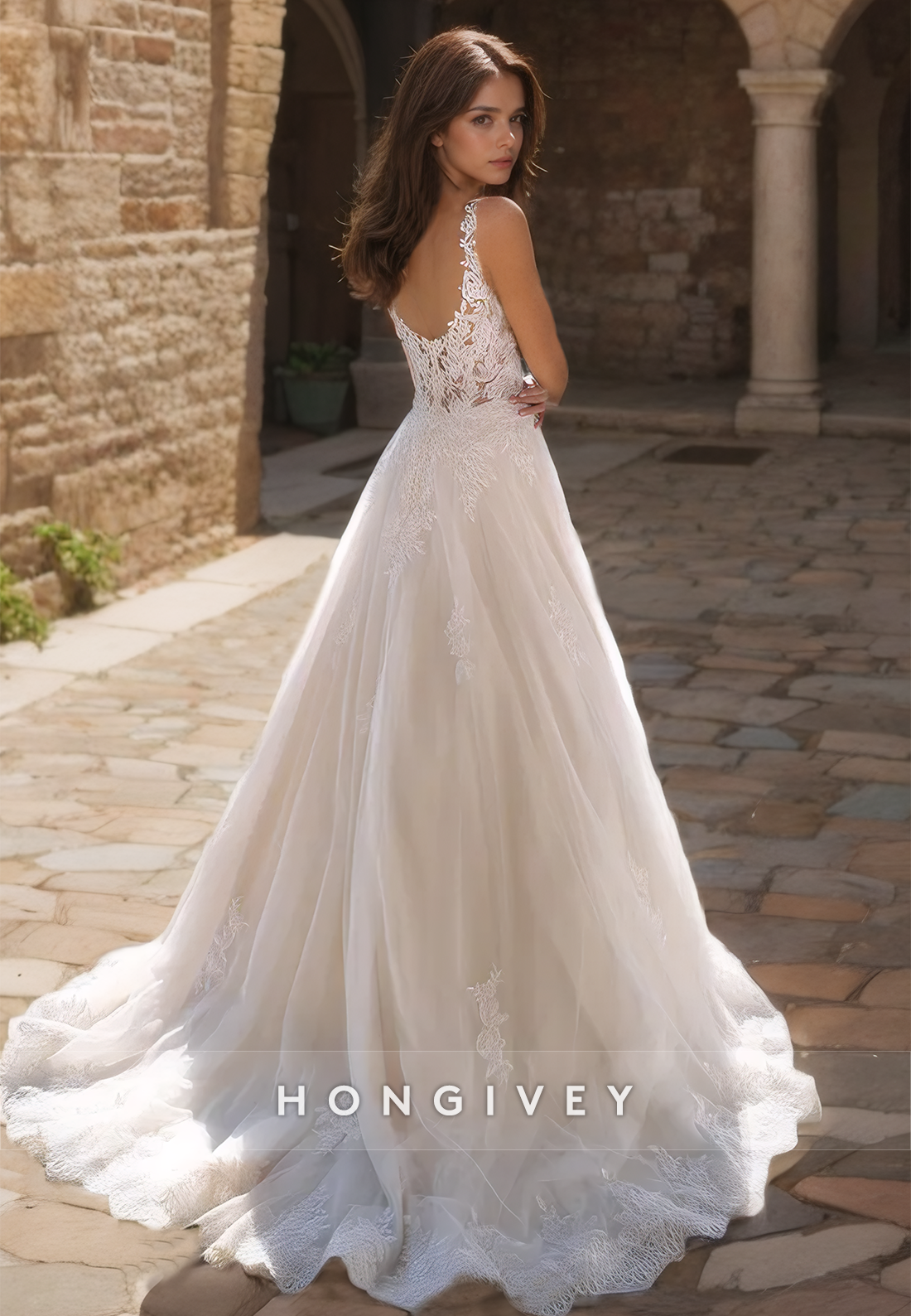 Sexy Tulle A-Line V-Neck Spaghetti Straps Empire Illusion Appliques With Train Wedding Dress