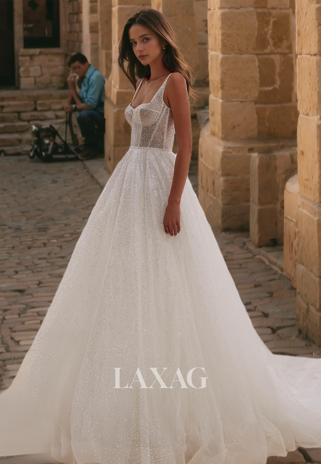 Tube Top Spaghetti Straps Wedding Dress Glitter-Knit Cutout A-Line with Train Bridal Gowns - Fashionpara