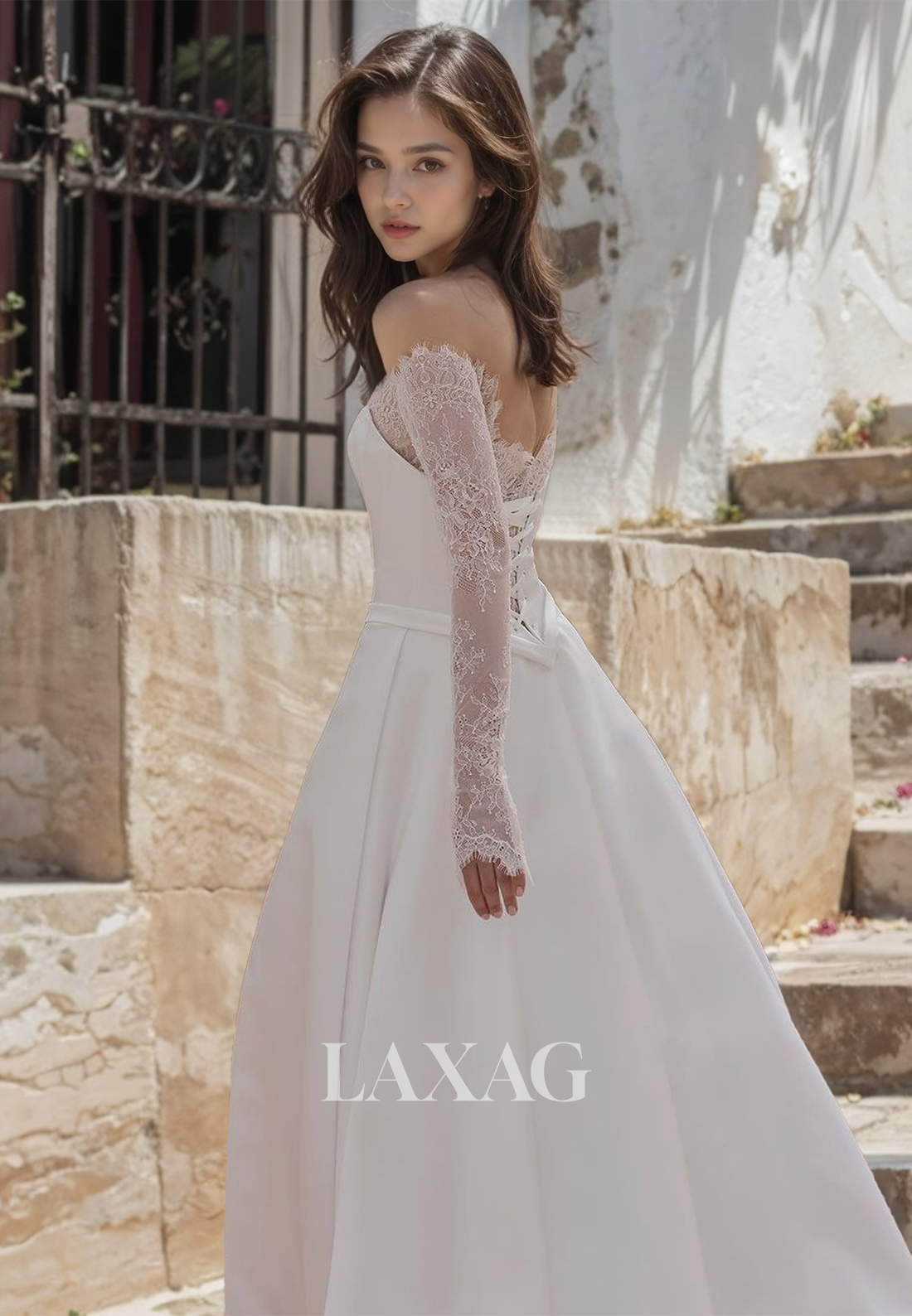 Off-Shoulder Lace Long Sleeves Formal Bridal Dress with Sweep Train A-Line Wedding Dress - Fashionpara