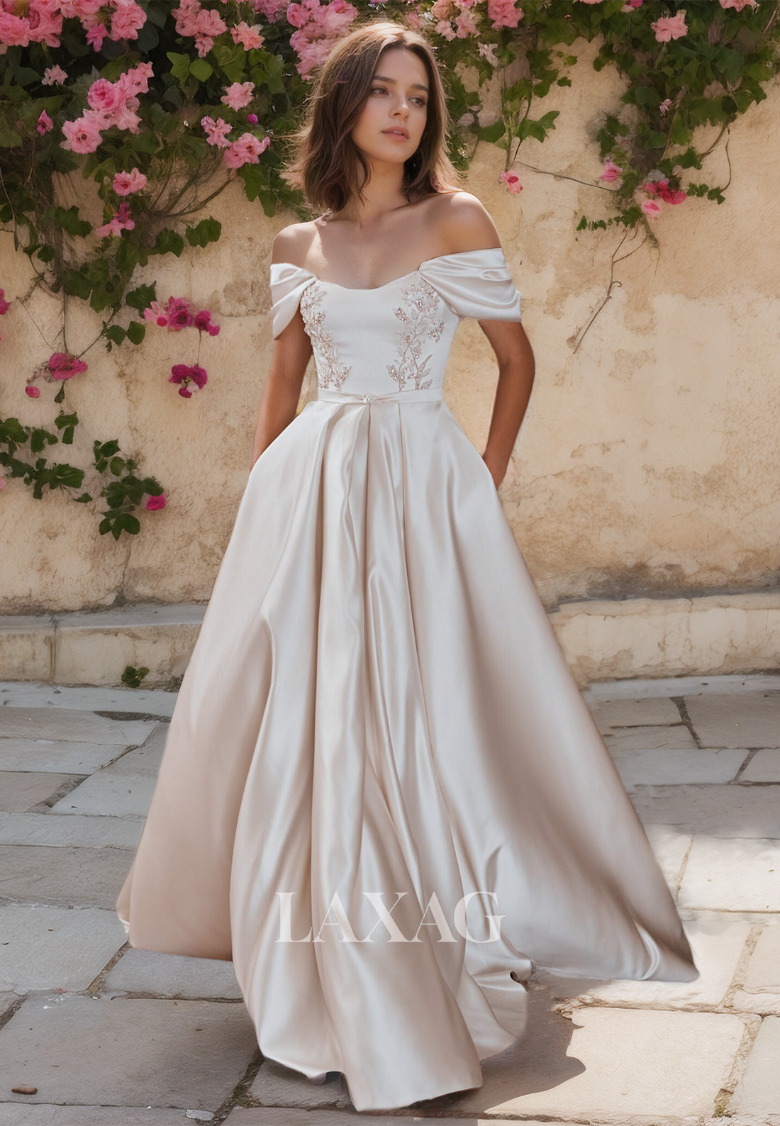 Off-Shoulder Sleeveless A-Line Boho Wedding Dress Floor-Length Beaded Pleated Satin Bridal Gowns - Fashionpara