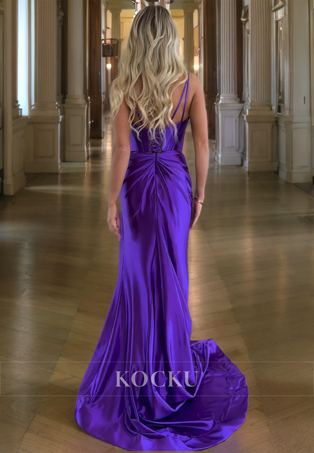 V-Neck Spaghetti Straps Sheath Stripe Sweep Train Pleated Satin Prom Dress with Split Evening Gowns