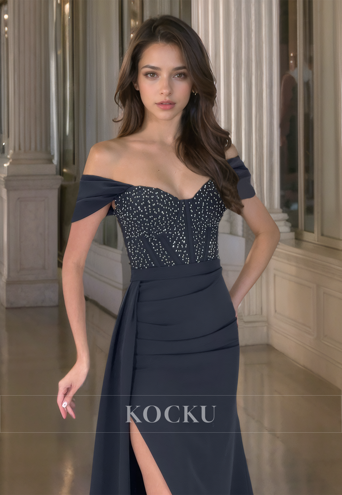 Off-Shoulder Sheath Sleeveless High Split Train Pleated Satin Evening Dress with Beads Prom Dress