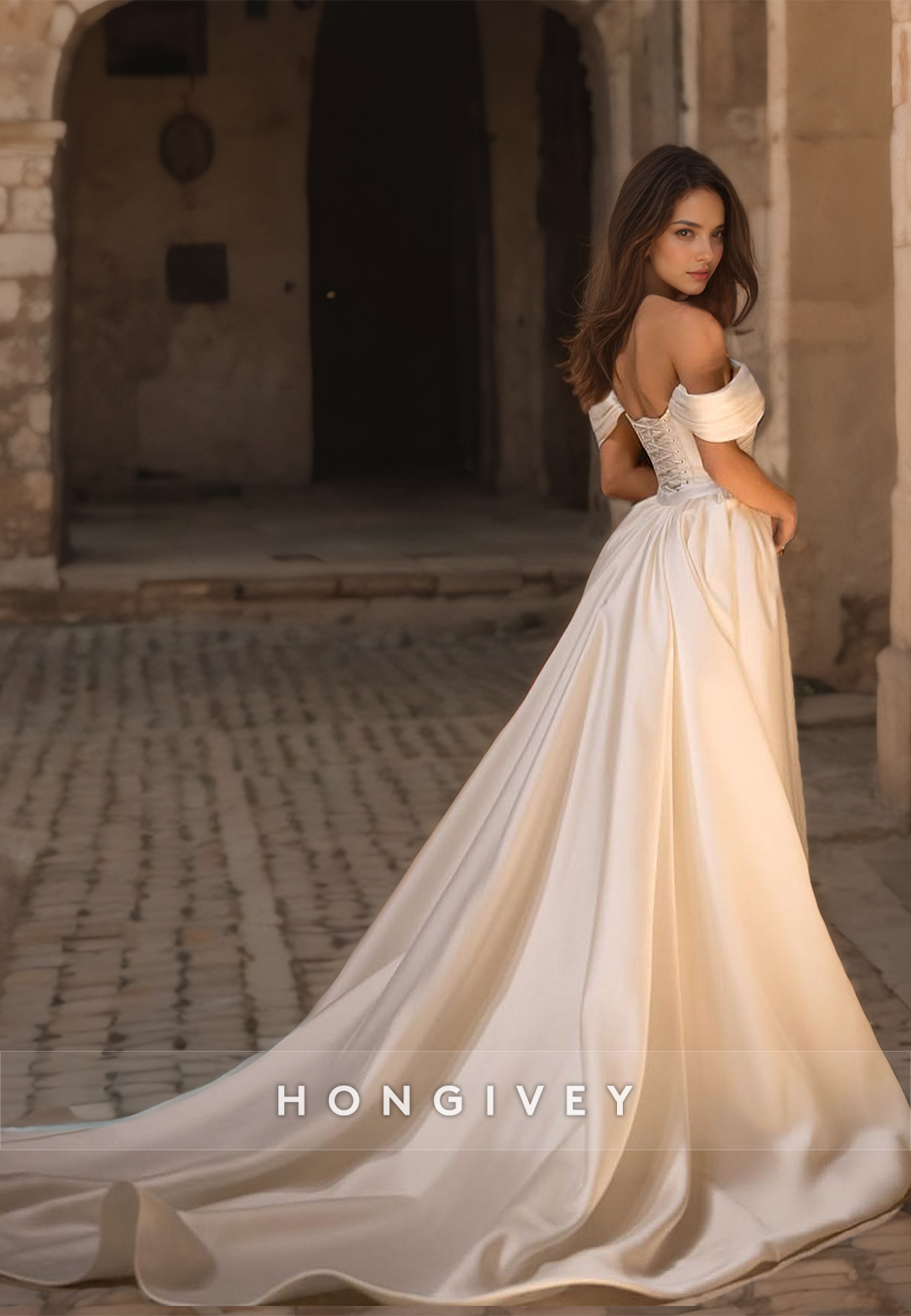 - Sexy Satin A-Line Off-Shoulder Empire Pleats Beaded Overskirt Gown Wedding Dress