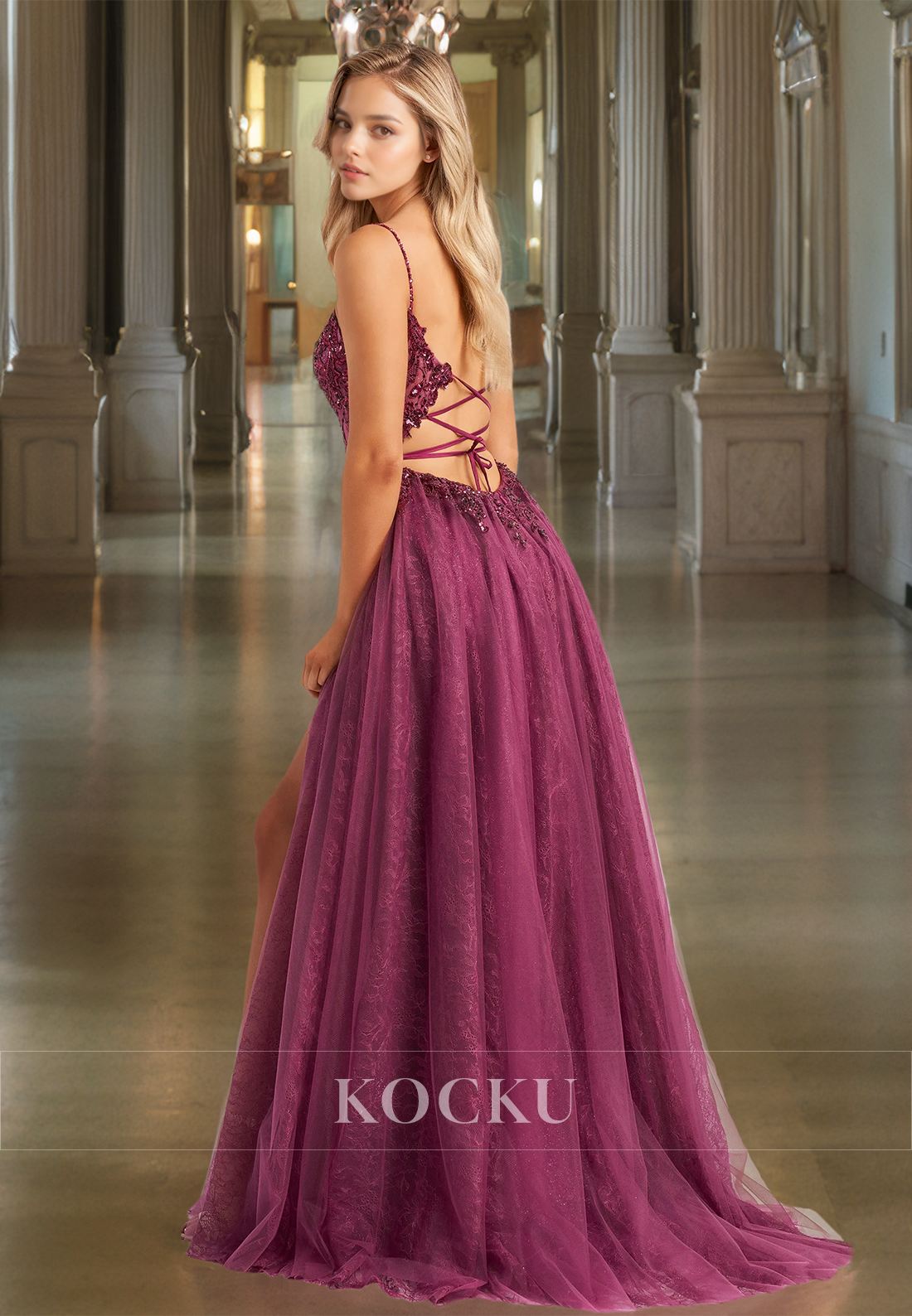 A-Line Tube Top Spaghetti Straps High Slit Sequin Appliques Lace Prom Dress with Train Formal Dress