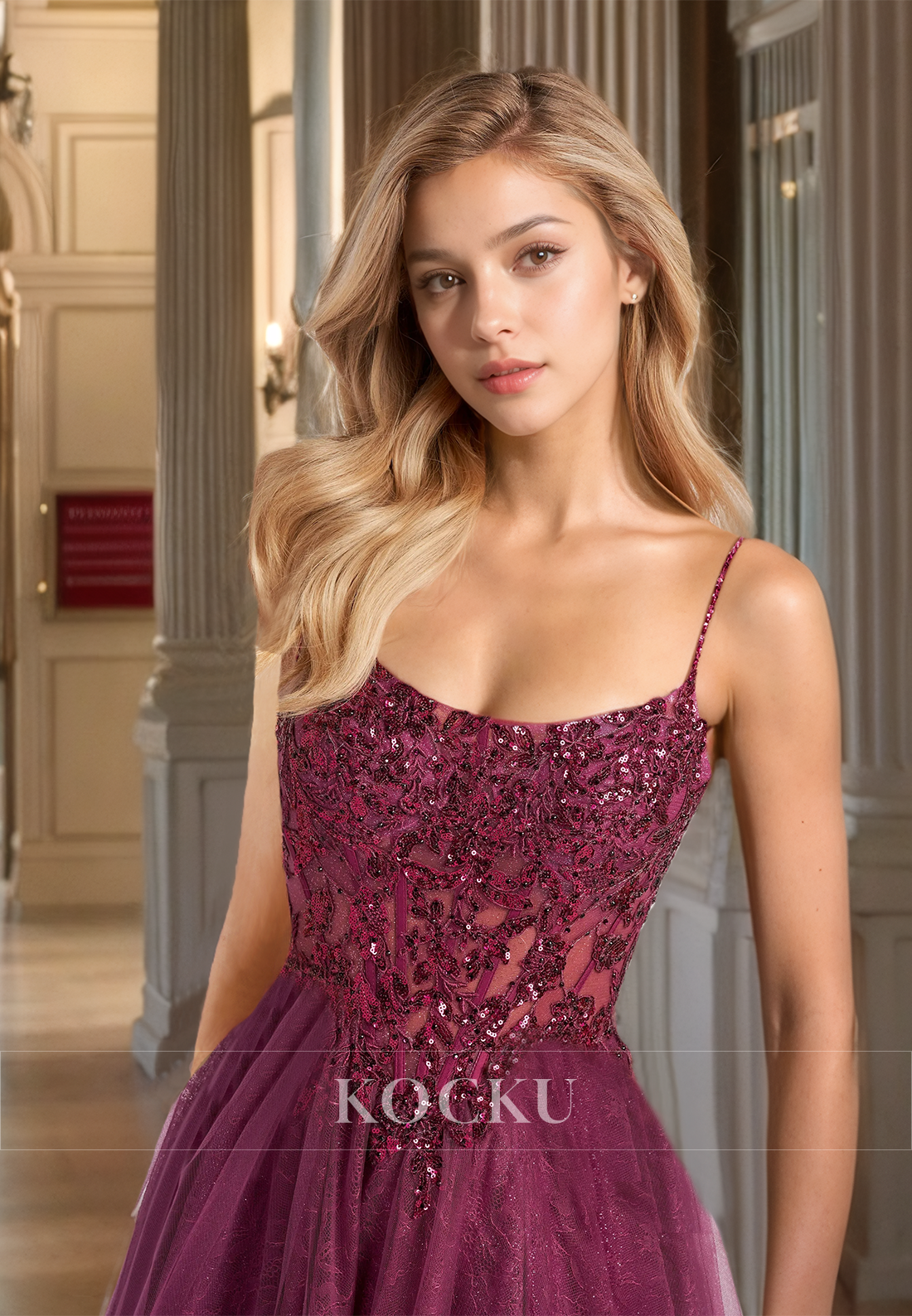 A-Line Tube Top Spaghetti Straps High Slit Sequin Appliques Lace Prom Dress with Train Formal Dress