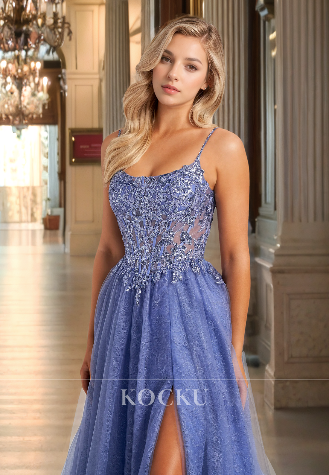 A-Line Tube Top Spaghetti Straps High Slit Sequin Appliques Lace Prom Dress with Train Formal Dress