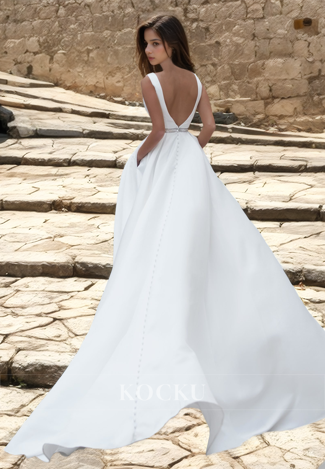 A-Line V-Neck Straps Sleeveless Beads Pleated Satin Beach Wedding Dress Boho Gowns with Pockets