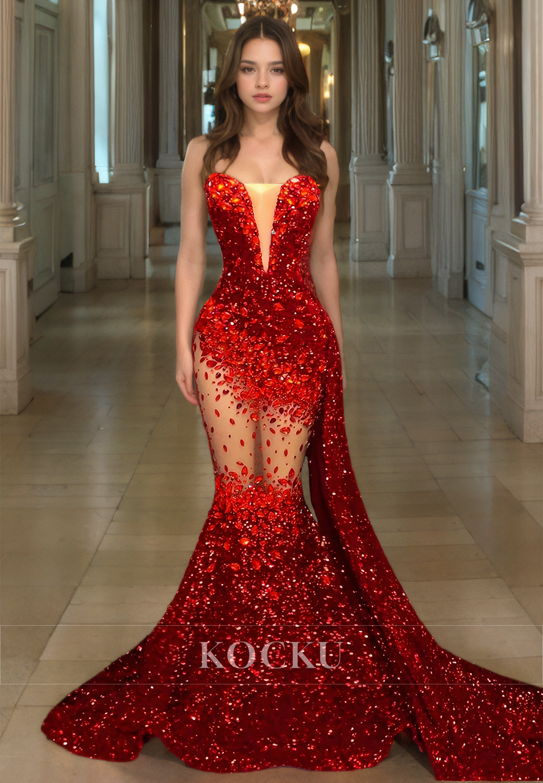 Sweetheart Mermaid Prom Dress Sleeveless Sweep Train Sheer Evening Gowns with Beads