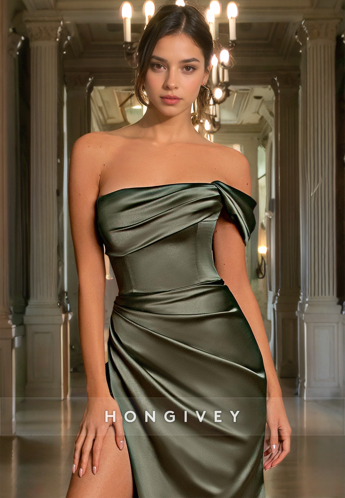 L0976 - Couture Simple Draped Sleeveless With Train and High Slit Party Prom Formal Evening Dress