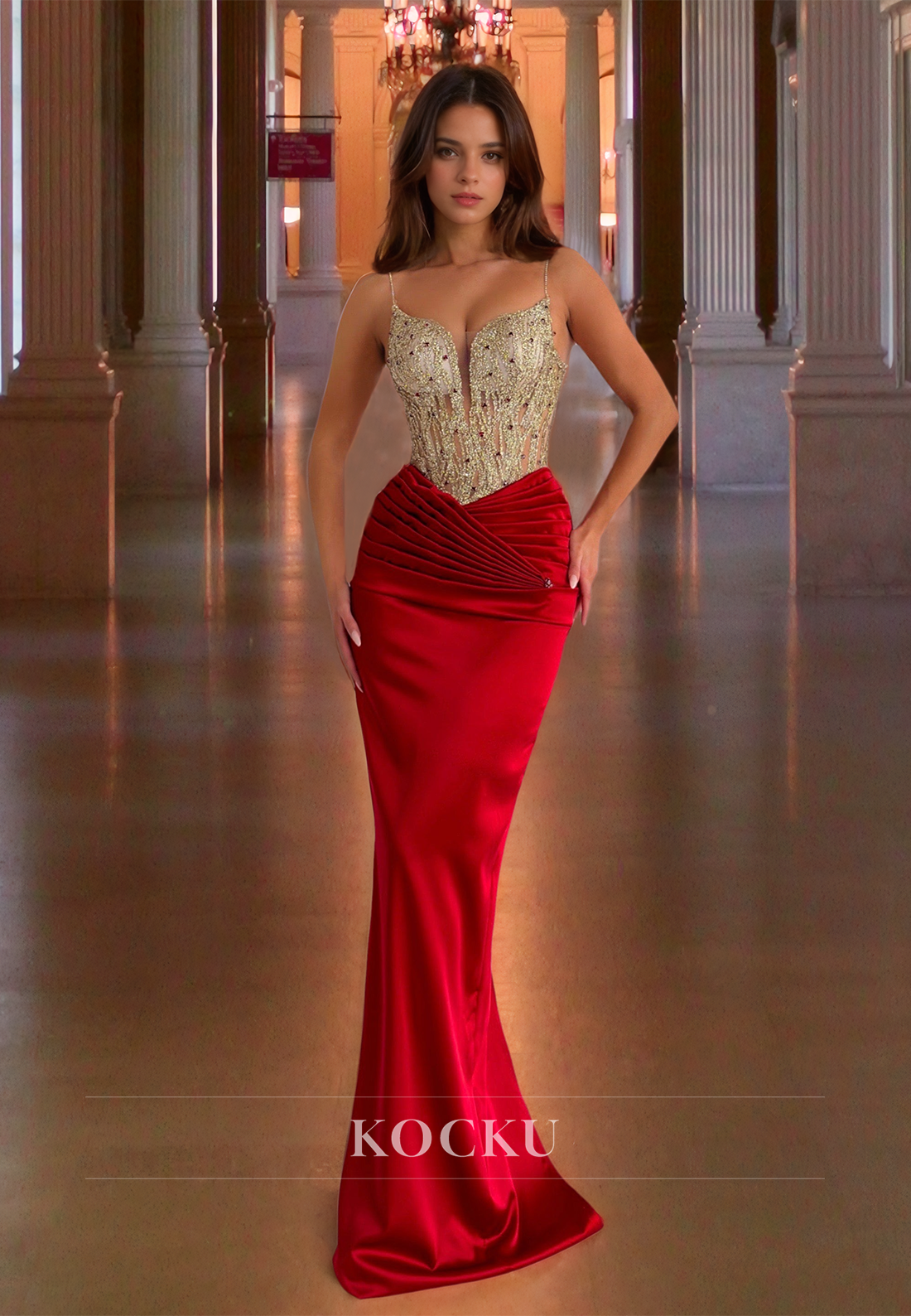 V-Neck Mermaid Gowns Spaghetti Straps Sleeveless Pleats Prom Dress with Beads