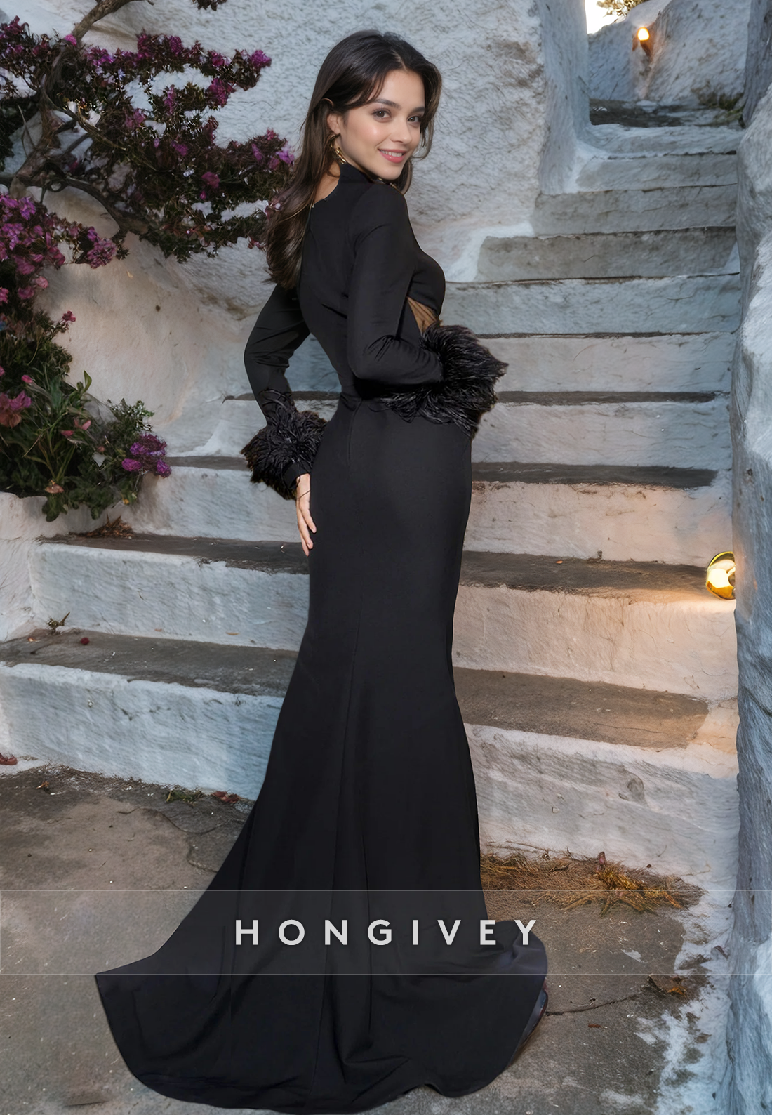 Sexy Black Feathers Formal Evening Dress 2025 Long Sleeves Side Slit Prom Gown