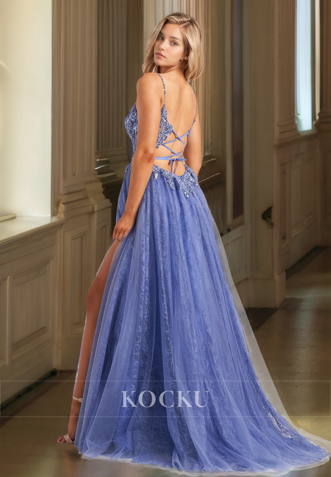 A-Line Tube Top Spaghetti Straps High Slit Sequin Appliques Lace Prom Dress with Train Formal Dress