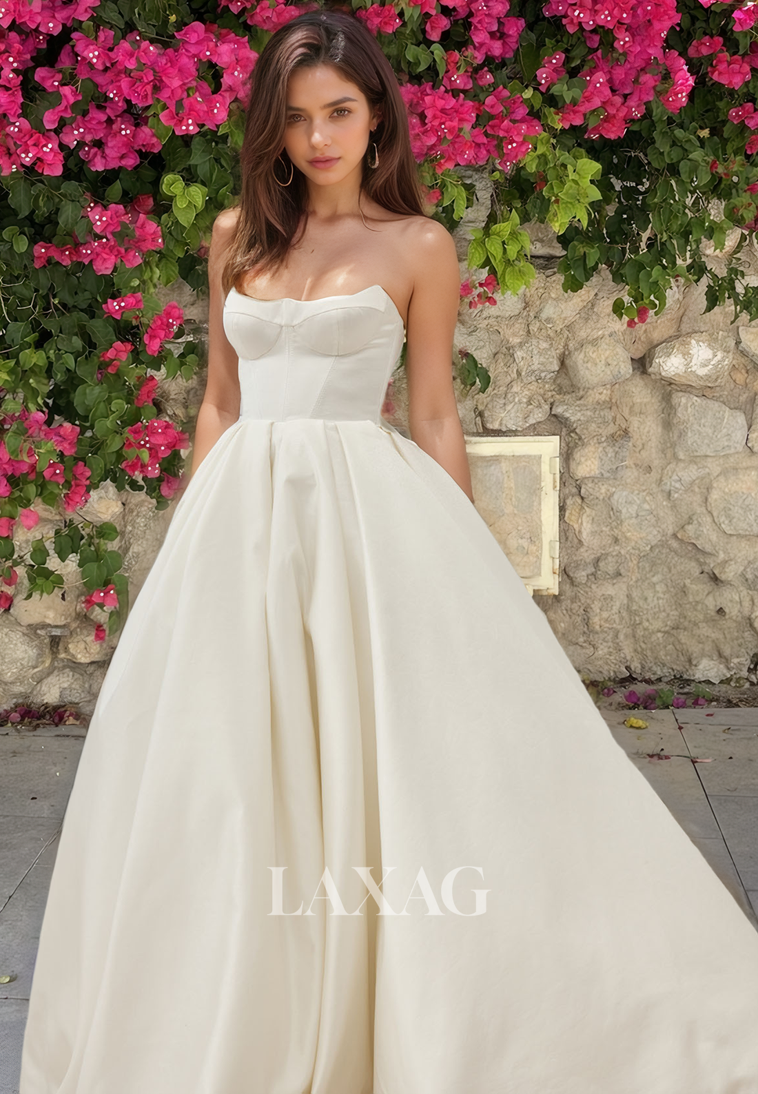 Simple Sweetheart Sleeveless A-Line Bridal Gown Off-Shoulder Satin Wedding Dress with Train - Fashionpara