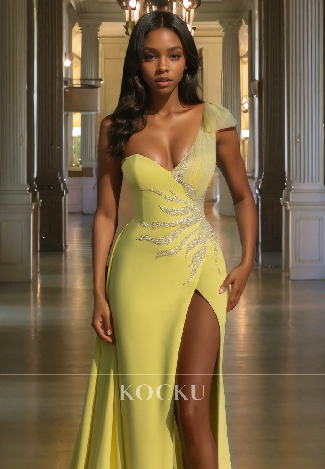 One Shoulder Sheath Sleeveless Side Slit Sparkly Appliques Prom Dress with Train Party Gown