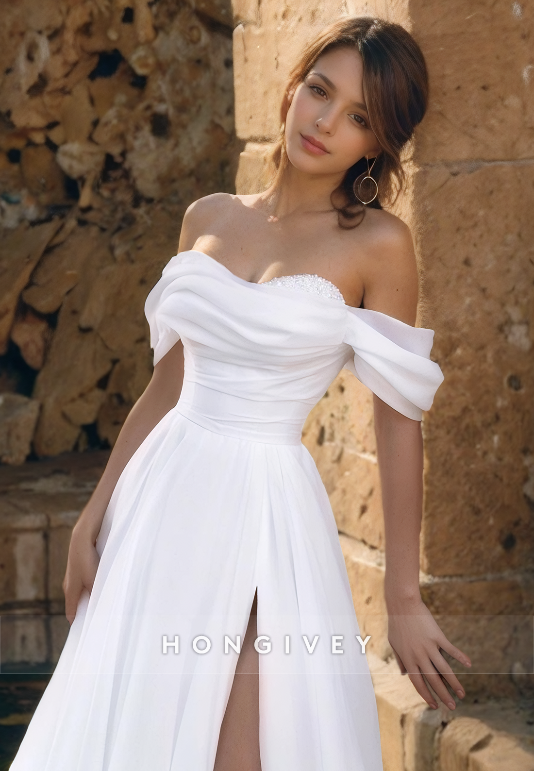 Off-Shoulder Tulle A-Line Side Slit Wedding Dress with Train Bride Gown
