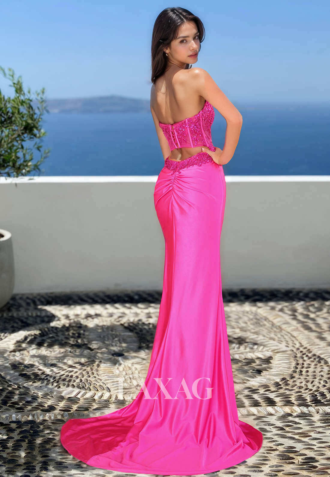 Scoop-Neck Off-Shoulder Sleeveless Satin Mermaid Prom Dress Beaded Sequined Applique Evening Dress