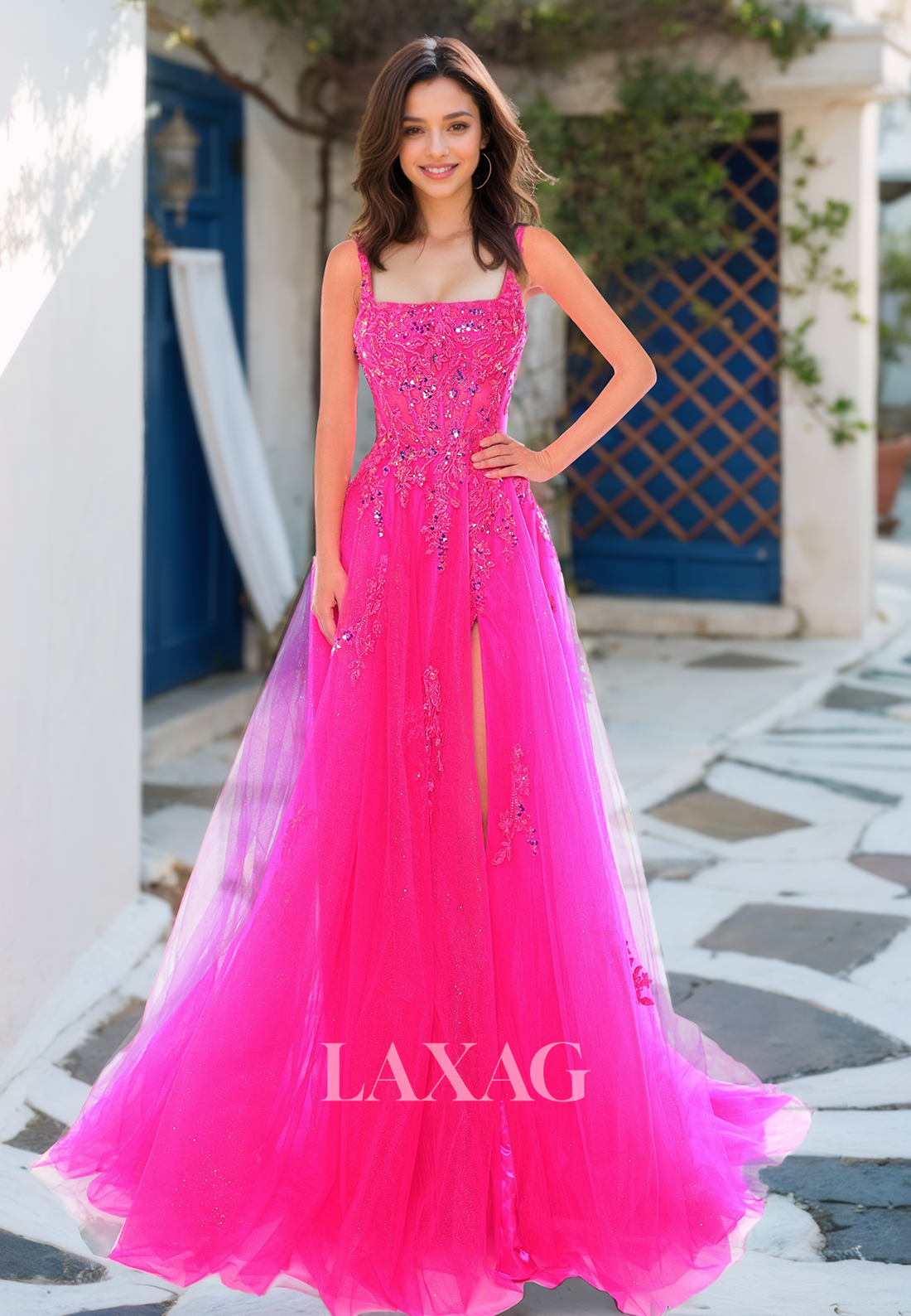 Spaghetti Straps Tube Top Sleeveless A-Line Prom Dress Beaded Applique Tulle Formal Gowns