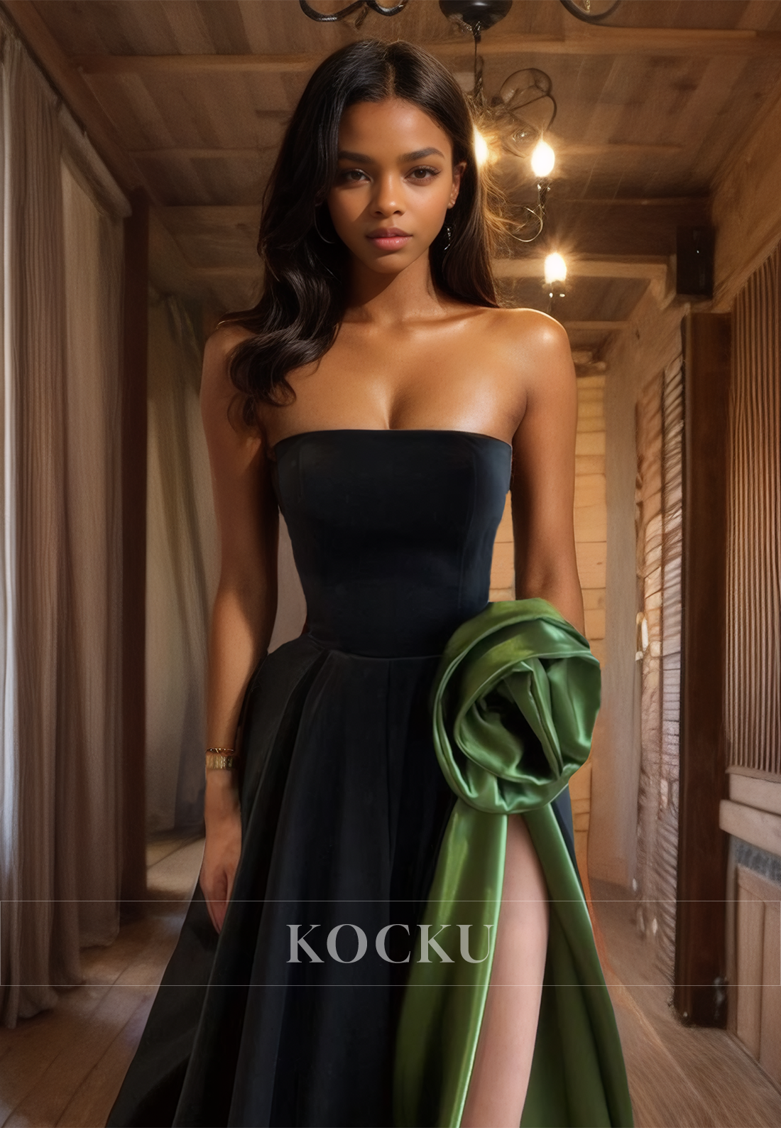 A-Line Tube Top Sleeveless Side Slit Satin Pleats Prom Dress Formal Occasion with Floral
