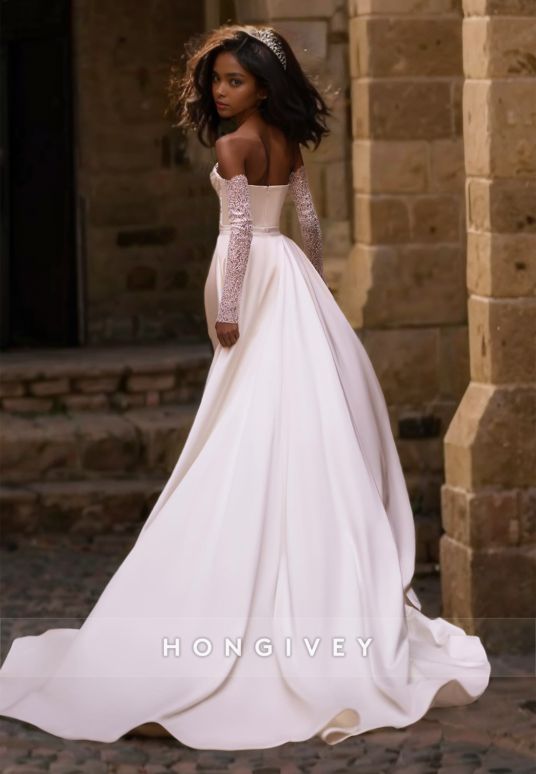 Elegant Mermaid Satin Wedding Dress with Detachable Train Gloves Bride Gown