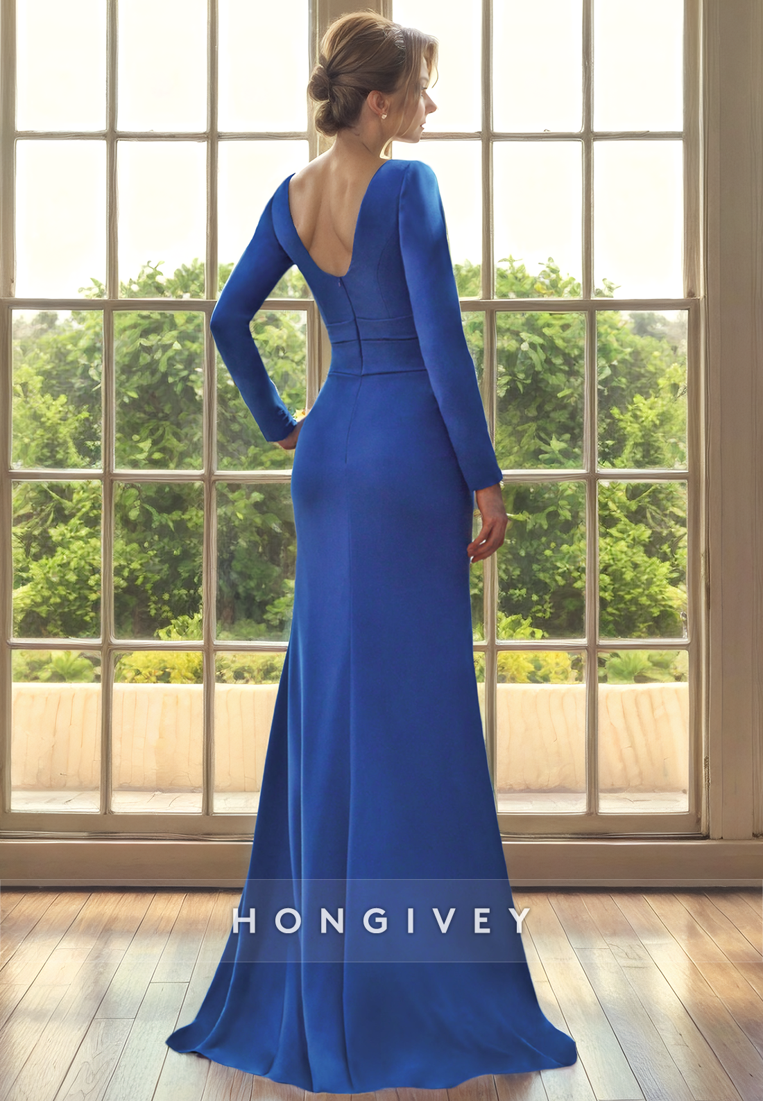 Satin Fitted Scoop Long Sleeve Empire Mother of the Bride Dress