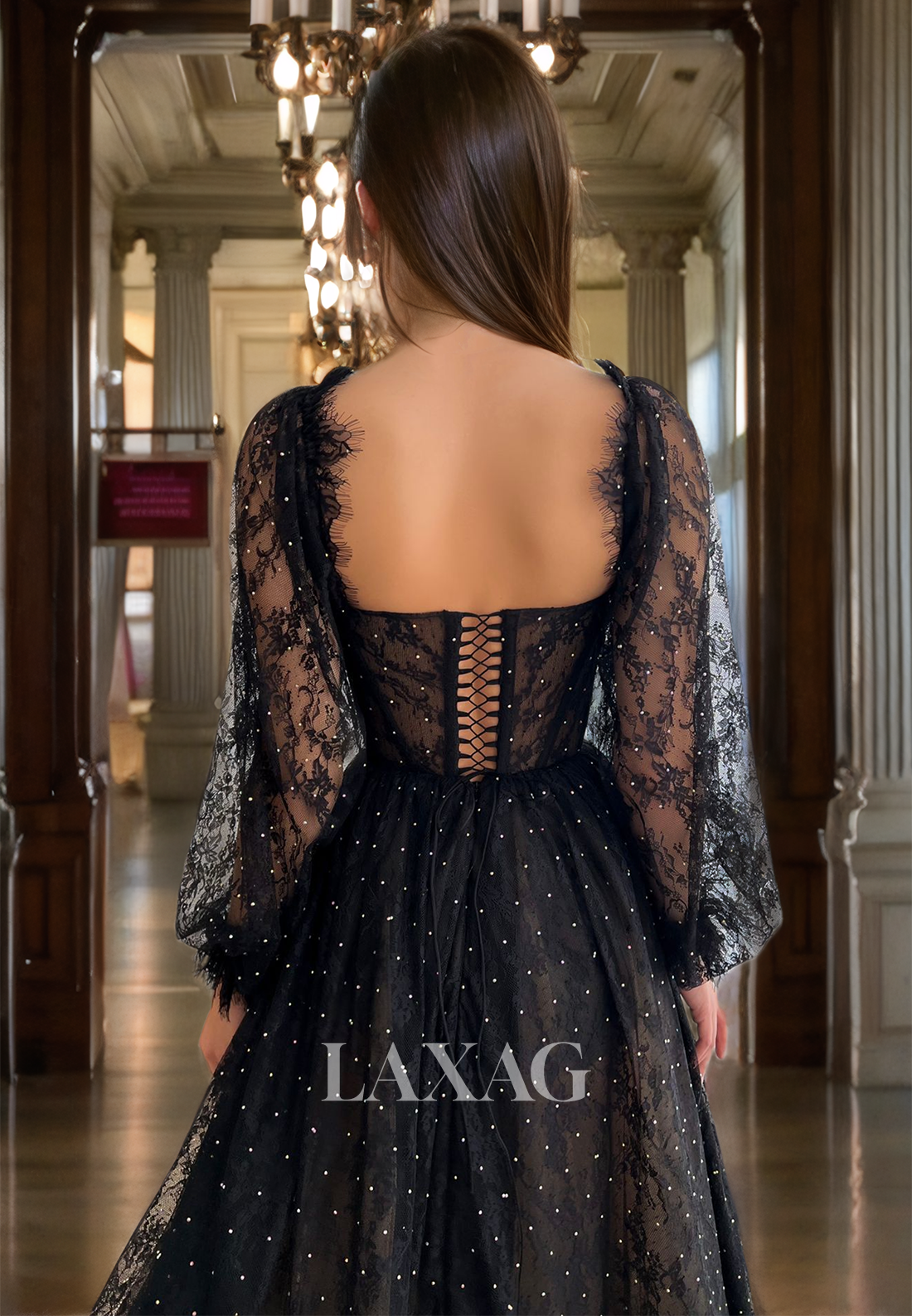 Polka Dot Black Lace Dress Sweetheart High Slit Long Sleeves A-Line Prom Dress - Fashionpara