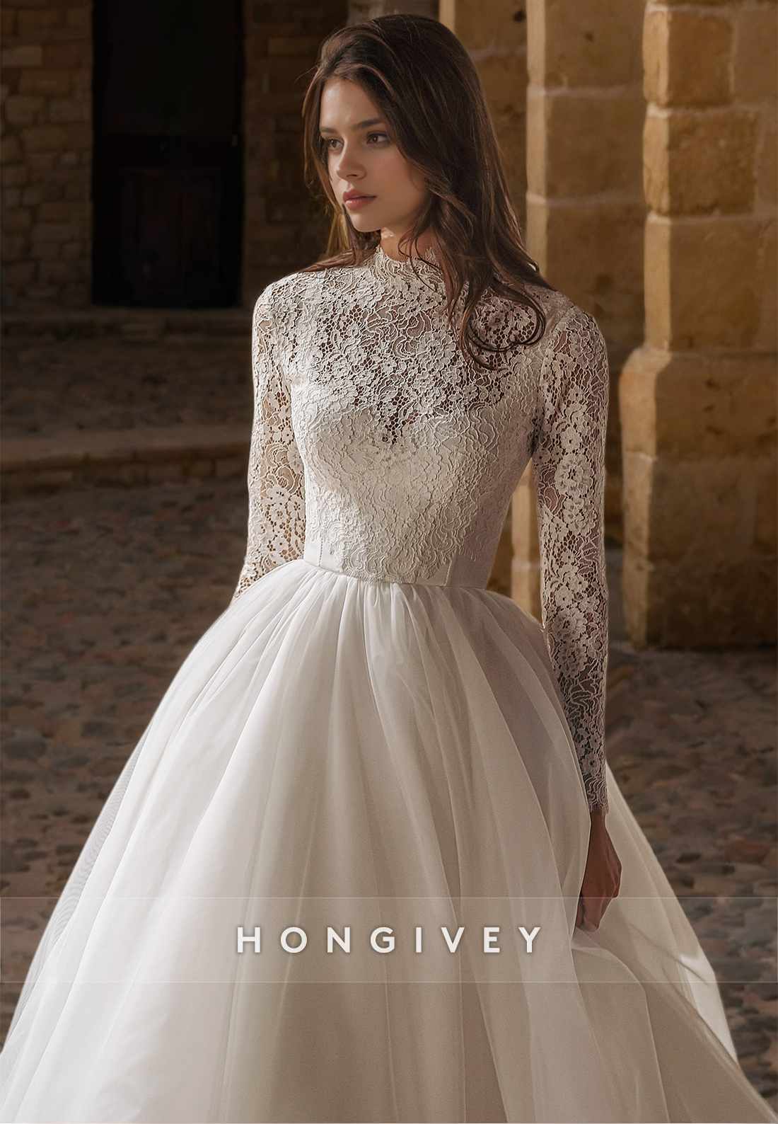 High Neck Lace Applique Wedding Dress with Train Long Sleeves Tulle Bride Gown