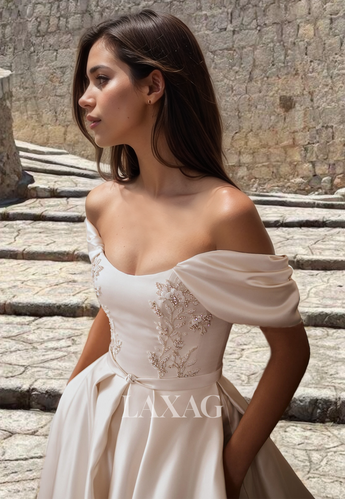 Off-Shoulder Sleeveless A-Line Boho Wedding Dress Floor-Length Beaded Pleated Satin Bridal Gowns - Fashionpara