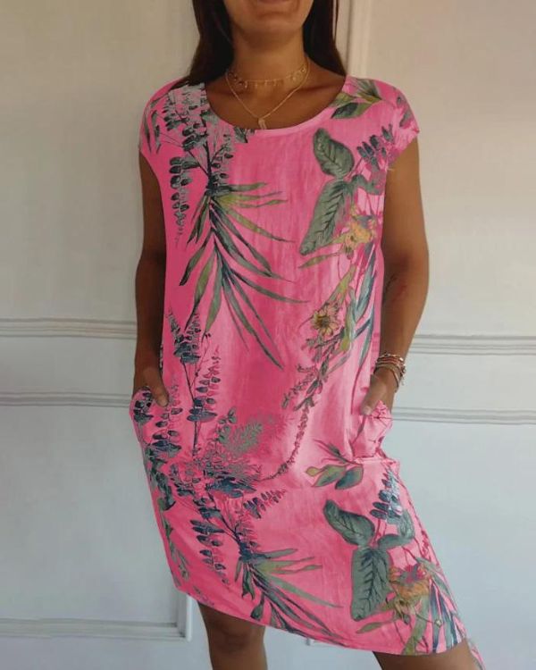 Leaf Print Scoop Neck Cap Sleeve Pocket Shift Mini Dress - View 7
