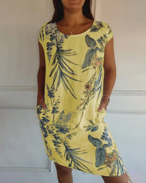 Leaf Print Scoop Neck Cap Sleeve Pocket Shift Mini Dress - View 8