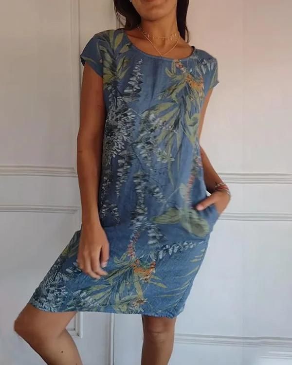 Leaf Print Scoop Neck Cap Sleeve Pocket Shift Mini Dress - View 9