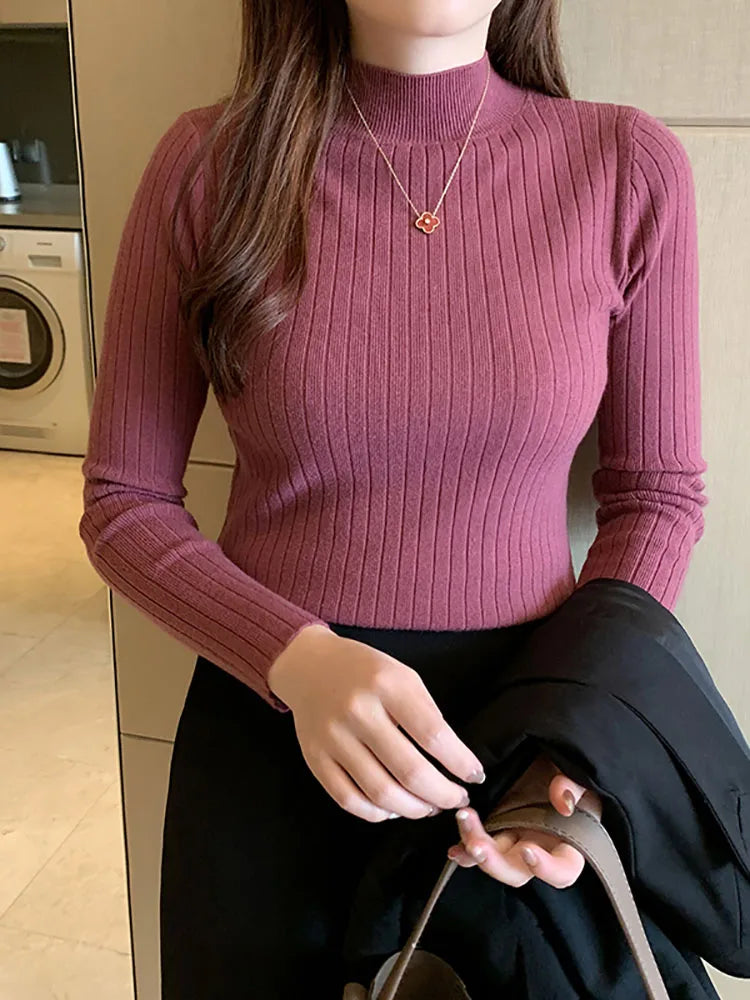 Mockneck Solid Cashmere Pullover Elegant Knit Top - Fashionpara