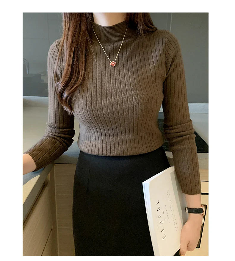 Mockneck Solid Cashmere Pullover Elegant Knit Top - Fashionpara