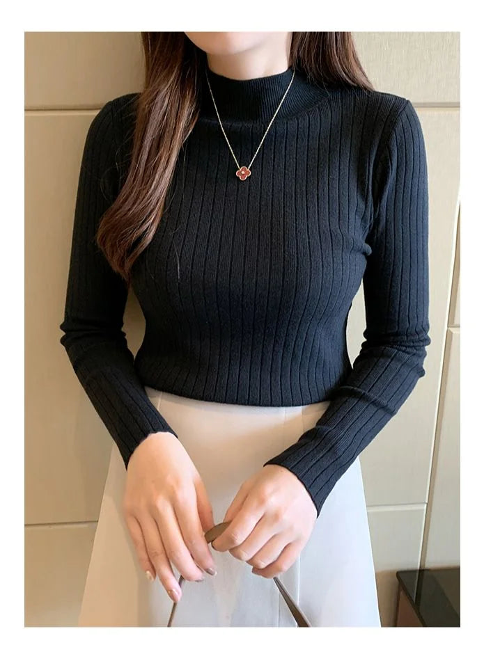 Mockneck Solid Cashmere Pullover Elegant Knit Top - Fashionpara