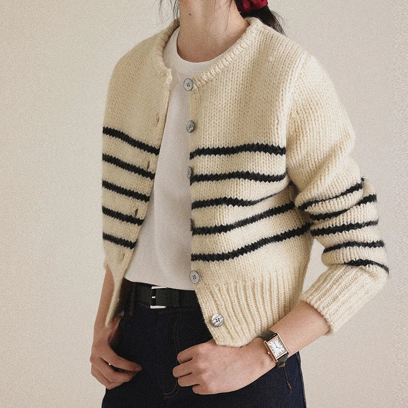Single-breasted Striped Knit Cardigan - Fashionpara