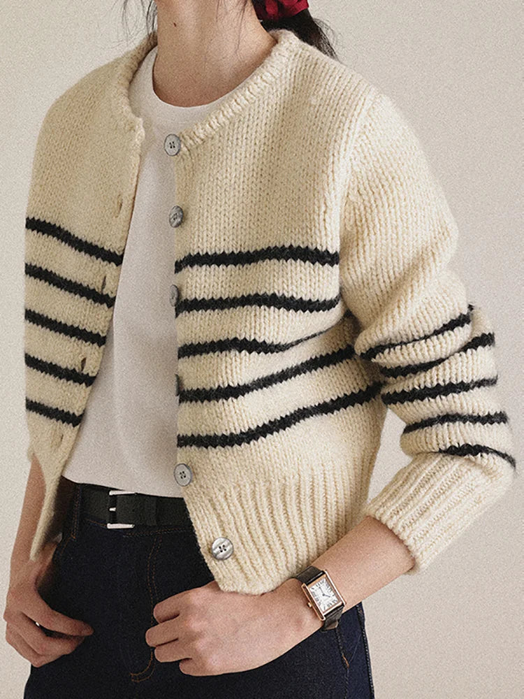 Single-breasted Striped Knit Cardigan - Fashionpara