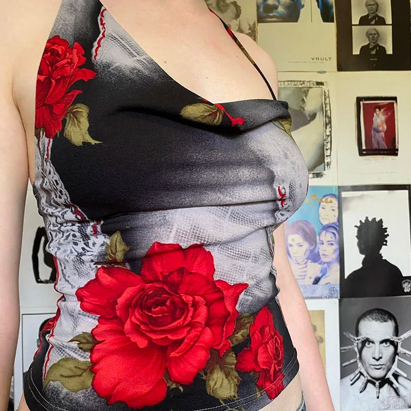 Vintage Rose Print Halter Backless Y2K Cropped Top