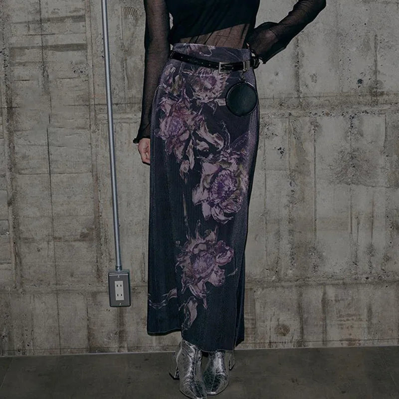 HEYounGIRL Vintage Purple Floral Print Slit Autumn Skirt