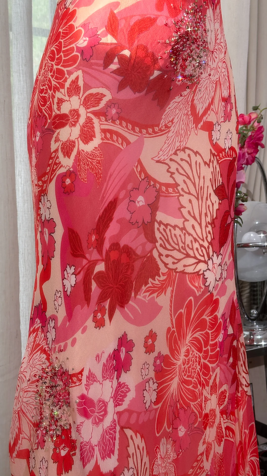 Pretty Spaghetti Straps V Neck Red Chiffon Print Floral Mermaid Evening Dress Long Birthday Prom Gown D1247