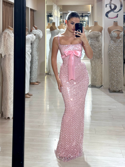 Gorgeous Spaghetti Straps Pink Sequin Beaded Mermaid Evening Dress Long Party Dress D1438