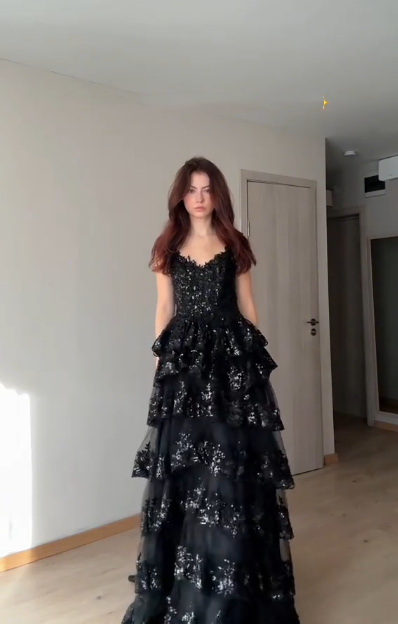 Sparkly Black Tulle Sequin Layered A Line Long party Gown Formal Evening Dress D802