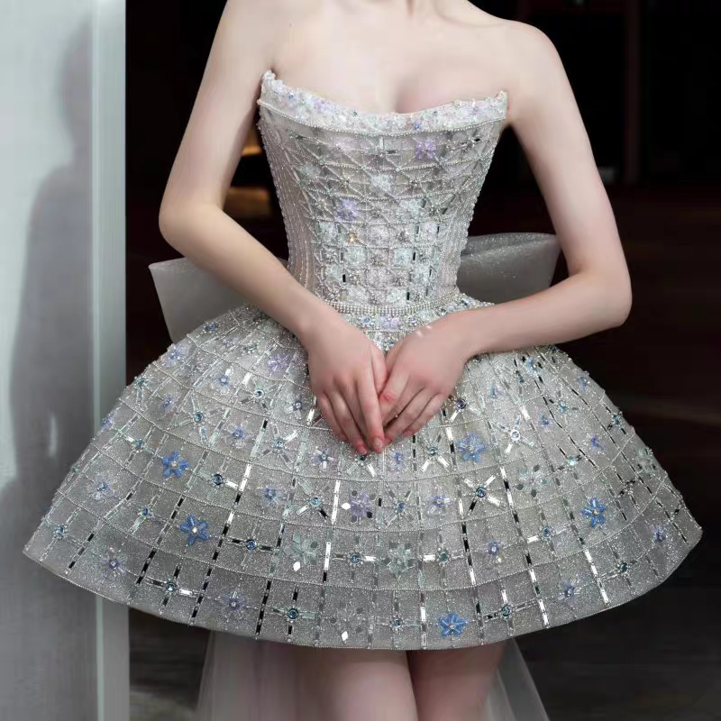 Glitter Strapless Tulle Beaded Mini Birthday Dress Pink Homecoming Dress With Bow S257