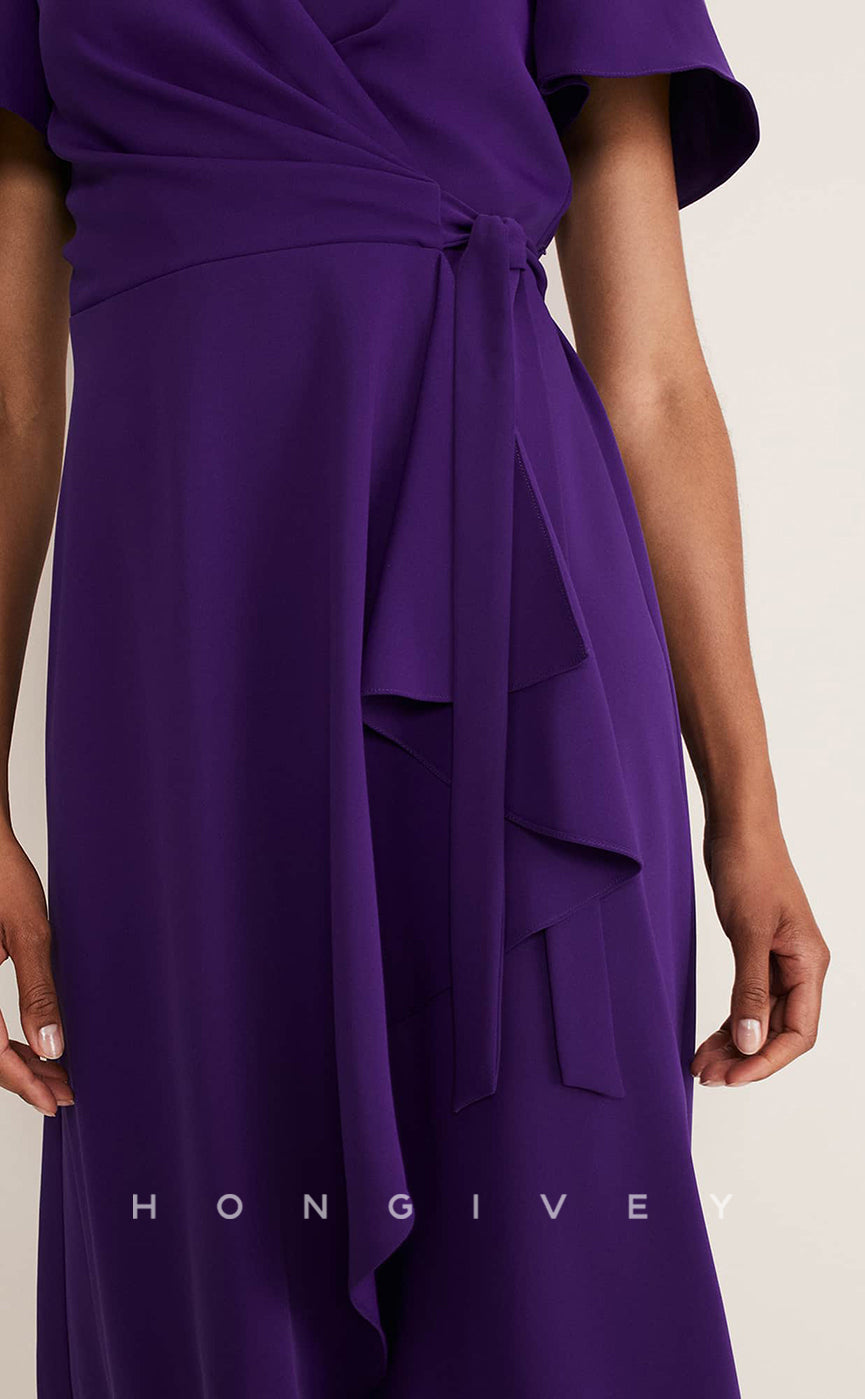 HM100 - Simple & Casual Satin V-Neck Sashes Bandage Ruffles Wedding Party Dresses - Fashionpara